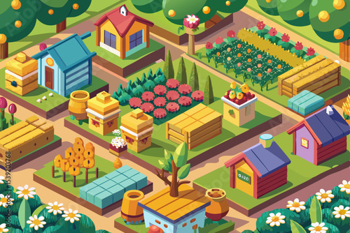 Isometric vector illustration of city houses and buildings along a street with trees, perfect for urban design and residential real estate maps
