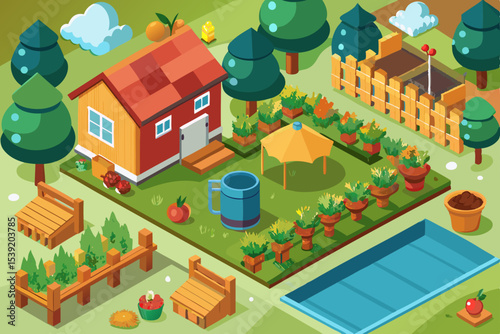 Isometric vector illustration of an urban residential building set with trees, ideal for city map and real estate design