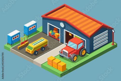 Isometric urban sanitation: garbage and transport trucks on a city street with buildings and factory