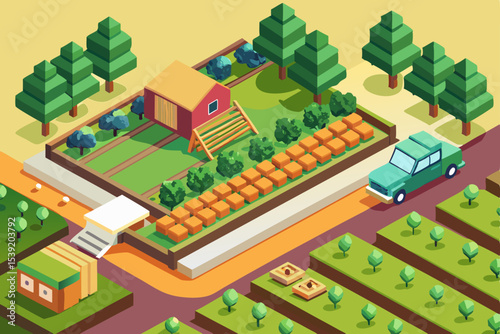 Isometric city map vector illustration set featuring houses on hills, roads, and by rivers, perfect for residential urban design and real estate business