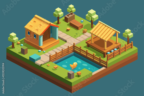 Isometric vector illustration of an urban city with residential buildings, houses, and trees