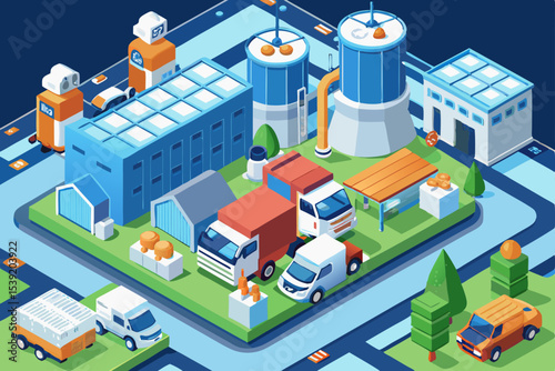Isometric vector illustration of an urban city with buildings, houses, and street map design