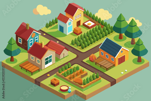 Isometric vector illustration set of residential houses and city buildings for map design