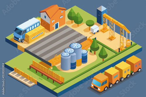 Isometric urban city plan with modern residential and office buildings, factories, and construction sites
