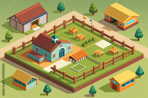 Isometric cartoon city with houses, office buildings, and roads for urban design illustration