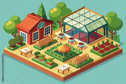 Isometric vector illustration of an urban city with residential houses, office buildings, and street trees