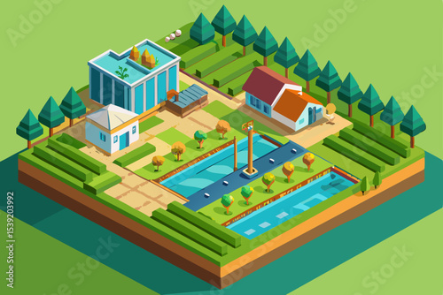 Isometric vector illustration set of urban city architecture, including residential buildings, houses, and factories, with cars, trees, and street map elements for town design