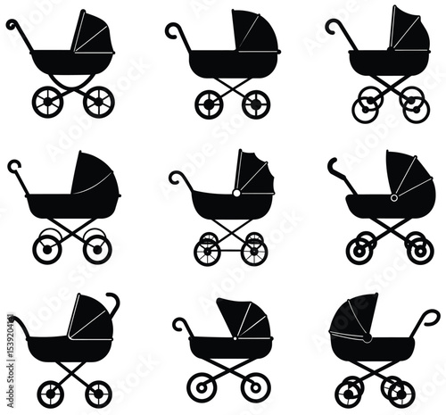 Collection of nine black silhouette baby stroller illustrations on white background for design projects