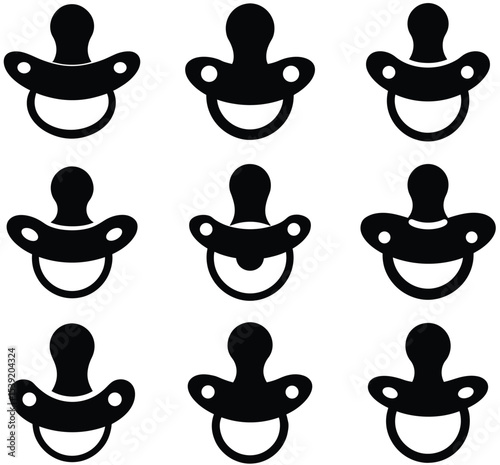 Nine black pacifier icons arranged in a grid representing babies infant comfort and care