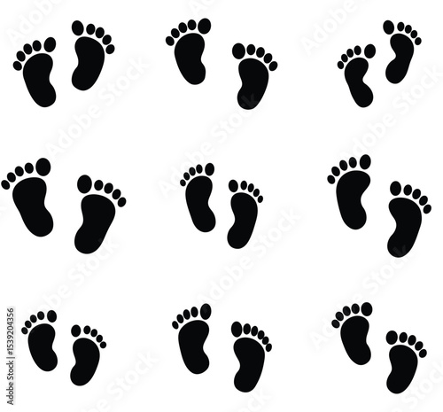 Repeating pattern of black footprints on white background symbolizing baby arrival or childhood