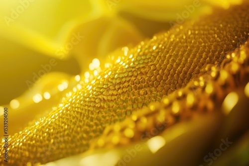 A mesmerizing close-up captures the textured surface of a sunflower's center, illuminated by warm, golden light, showcasing intricate details.