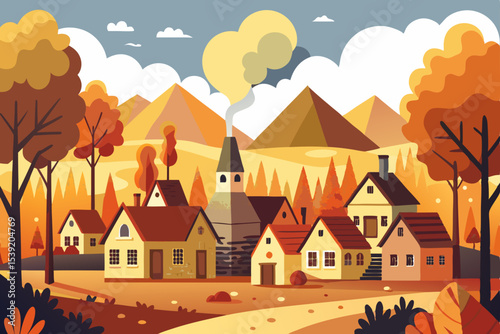 Cartoon autumn landscape with a country house and trees