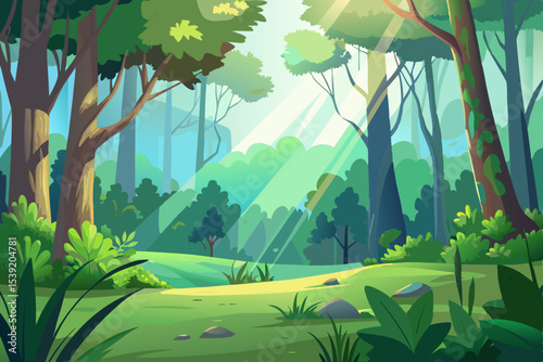 Lush landscape with towering trees and a vibrant forest, showcasing the beauty of nature under a bright sky, perfect for a tropical summer illustration