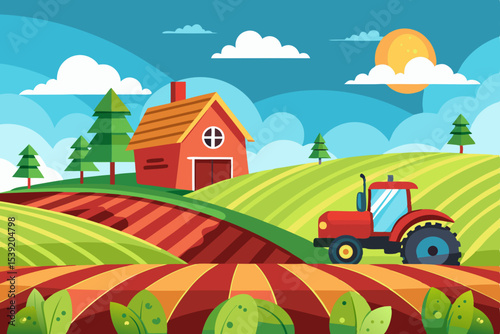 A vibrant cartoon vector illustration of a rural summer landscape with village houses, trees, and fields under a bright sky