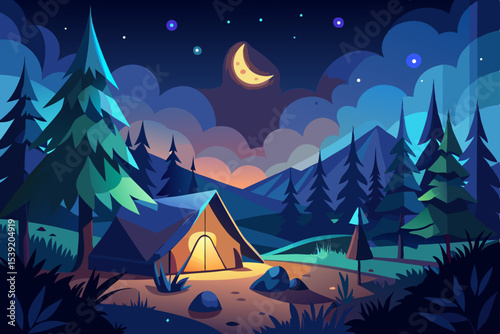 Cozy winter night camping scene in the snow-covered mountains under a starry sky