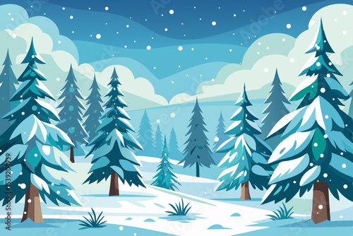 Winter holiday landscape with snow-covered pine trees, a festive forest scene perfect for Christmas celebration cards