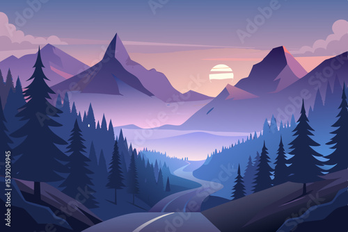 Golden sunrise illuminates the snowy peaks of a vast winter mountain landscape