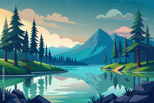 Serene mountain lake landscape reflecting the summer sky and surrounding forest