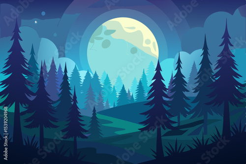 Snowy winter forest and mountain landscape with pine trees under a starry night sky