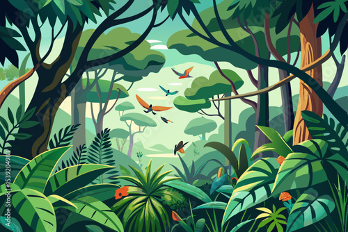 Birds perch among the green leaves and vibrant flowers of a tropical forest, illustrating the natural beauty of the spring season