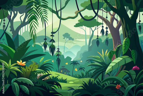Vibrant tropical foliage forms a seamless green pattern, illustrating a lush forest background with exotic leaves and flora