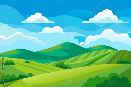 Mountain landscape with a vibrant blue sky, green fields, and rolling hills perfect for a summer nature view