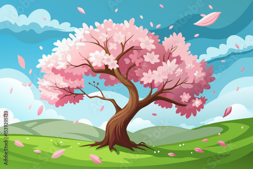 Cherry blossom tree in spring with pink floral branches and green leaves, a beautiful nature illustration