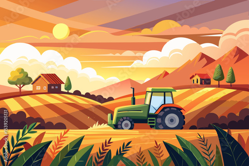 Desert landscape at sunset with a tractor on field, vector illustration
