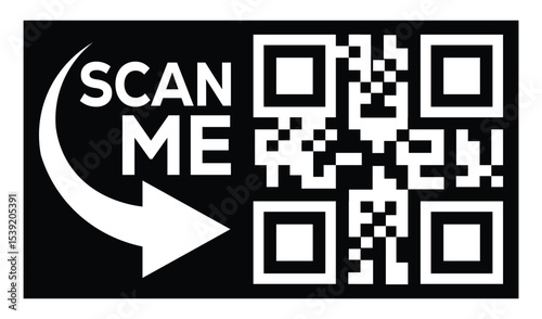 Modern minimalist flat lay: High contrast black background. White "SCAN ME" text with curved arrow points right to a centered, functional black and white QR code grid. Simple, direct composition.