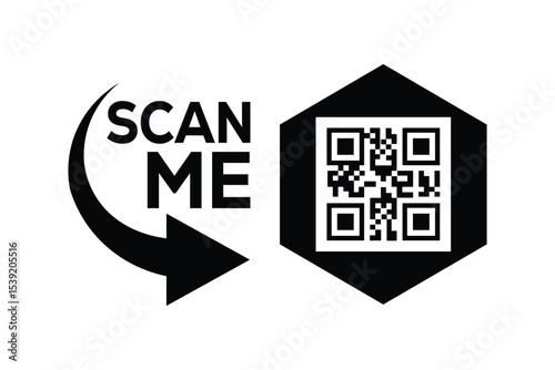 Minimalist hexogen black and white QR code with 'SCAN ME' text and curved arrow on white. High-contrast modern design for tech or promotional use. Clean composition ensures easy scanning.