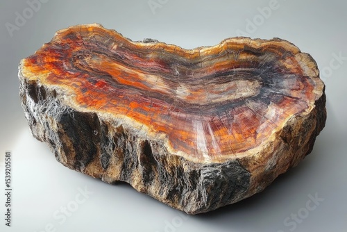 A mesmerizing slice of petrified wood showcasing vivid colors and intricate tree rings in a stunning fossilized formation.