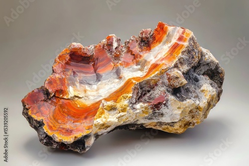 A layered agate stone featuring reds, oranges, white, and grays, against a neutral background, showcasing its unique mineral composition and geological formation.