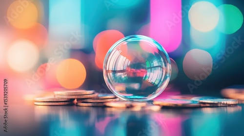 A clear glass sphere rests on a reflective surface surrounded by stacks of coins, with colorful bokeh lights in the blurred background.