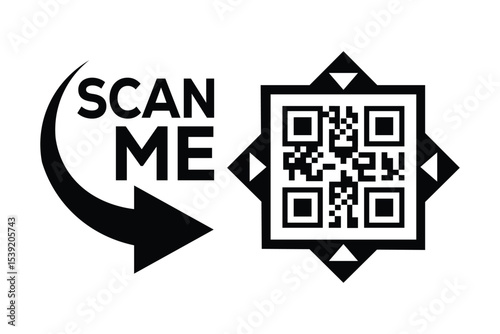 Minimalist black and white QR code centered on white. Decorated with small triangle frame. Bold "SCAN ME" text in curved arrow above/left. Clean, modern focus on scanning prompt.