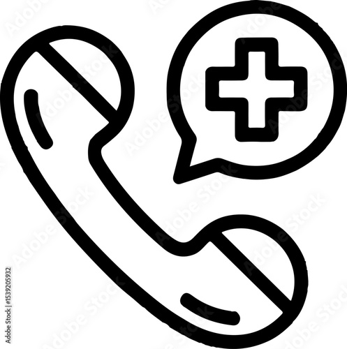 Black and White Icon of a Telephone Handset with a Plus Sign in a Speech Bubble Medical Emergency Hotline Symbol