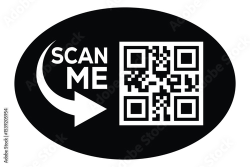 Modern black & white oval graphic. Prominent "SCAN ME" text above a large QR code in lower right. White arrow directs viewer to code. Minimalist, digital CTA design, centered composition. Neutral.