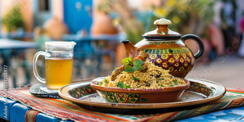 Moroccan tagine with couscous and mint tea on a traditional tray, colorful streets of Marrakech medina in the background.