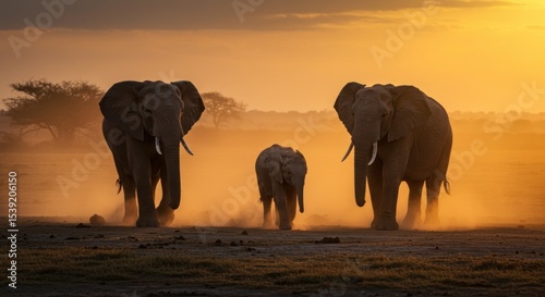 Elephant family silhouette at sunset