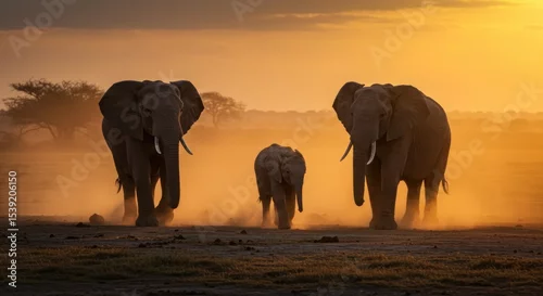 Fototapeta Elephant family silhouette at sunset