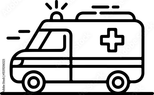 Black and White Illustration of an Ambulance in Motion with a Medical Cross Symbol emergency