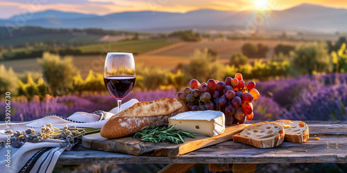 French cheese plate, fresh baguette and a glass of red wine on a wooden table, with lavender fields of Provence in the background.