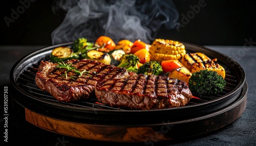Cheesy beef steak and grilled vegetables on hot plate