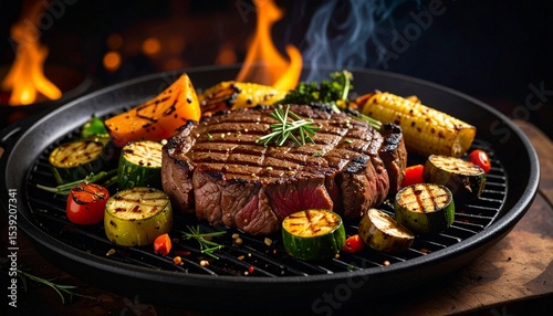 Cheesy beef steak and grilled vegetables on hot plate