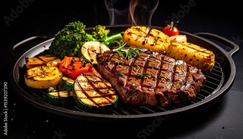 Cheesy beef steak and grilled vegetables on hot plate