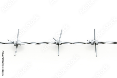 A stark close-up of barbed wire against a pure white backdrop, highlighting its sharp design and emphasizing themes of security, boundaries, and confinement.