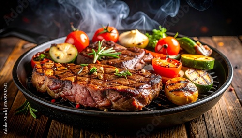 Cheesy beef steak and grilled vegetables on hot plate