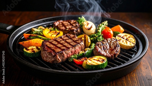 Cheesy beef steak and grilled vegetables on hot plate
