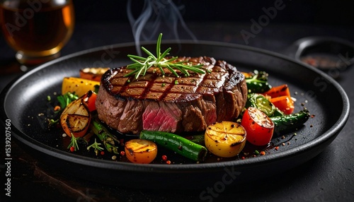 Cheesy beef steak and grilled vegetables on hot plate