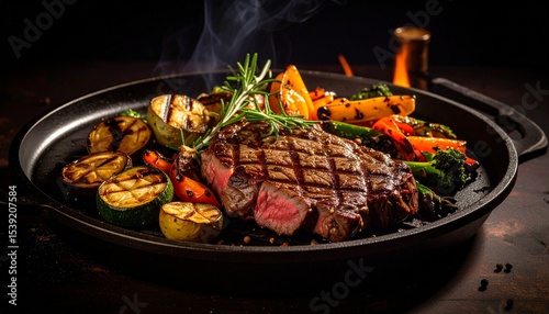 Cheesy beef steak and grilled vegetables on hot plate