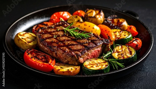 Cheesy beef steak and grilled vegetables on hot plate